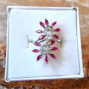 Sterling Silver Petal Burst Ruby Lab Created  Floral Ring